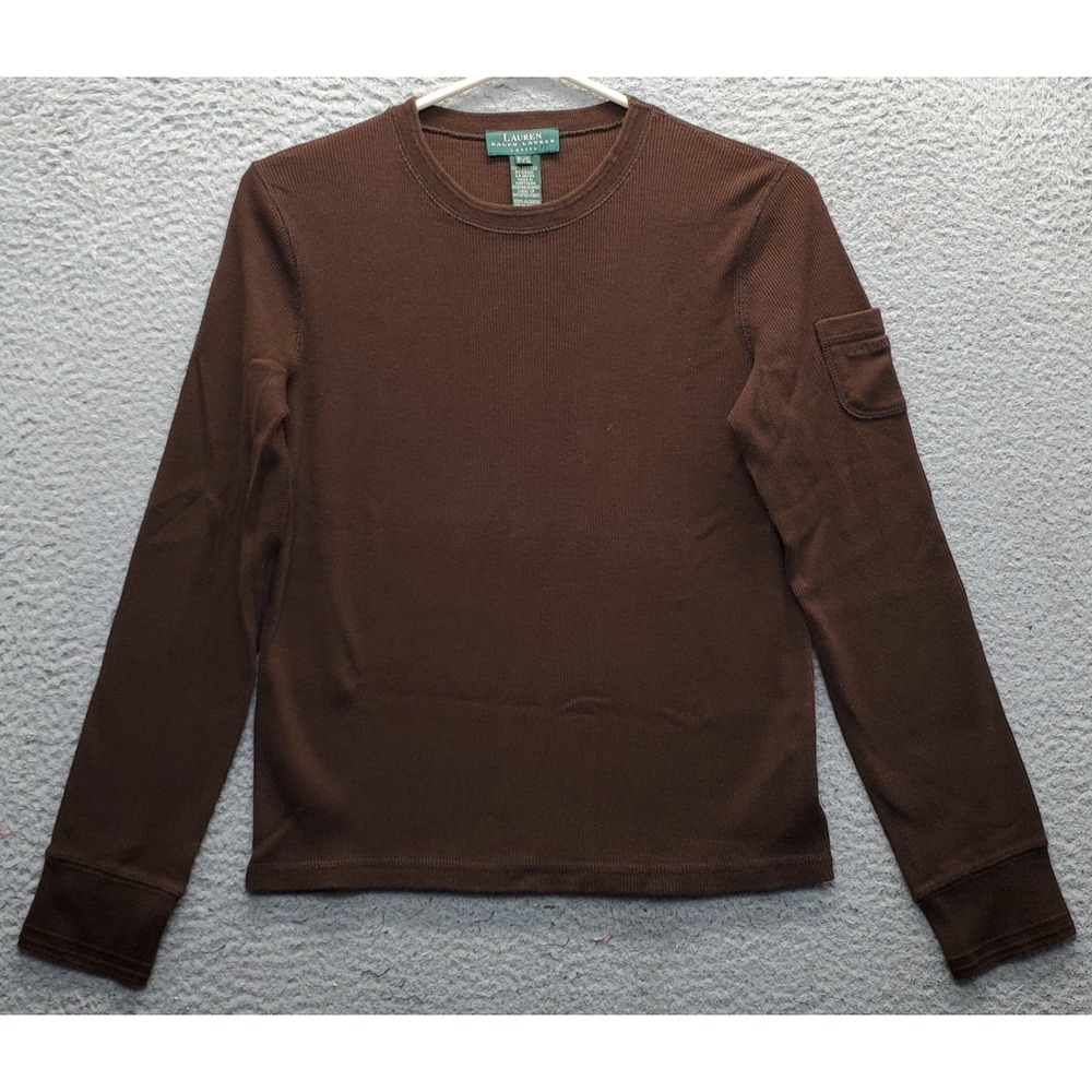 Lauren Ralph Lauren Thermal Top Womens Petites PS Brown Knit Crew Neck Pullover